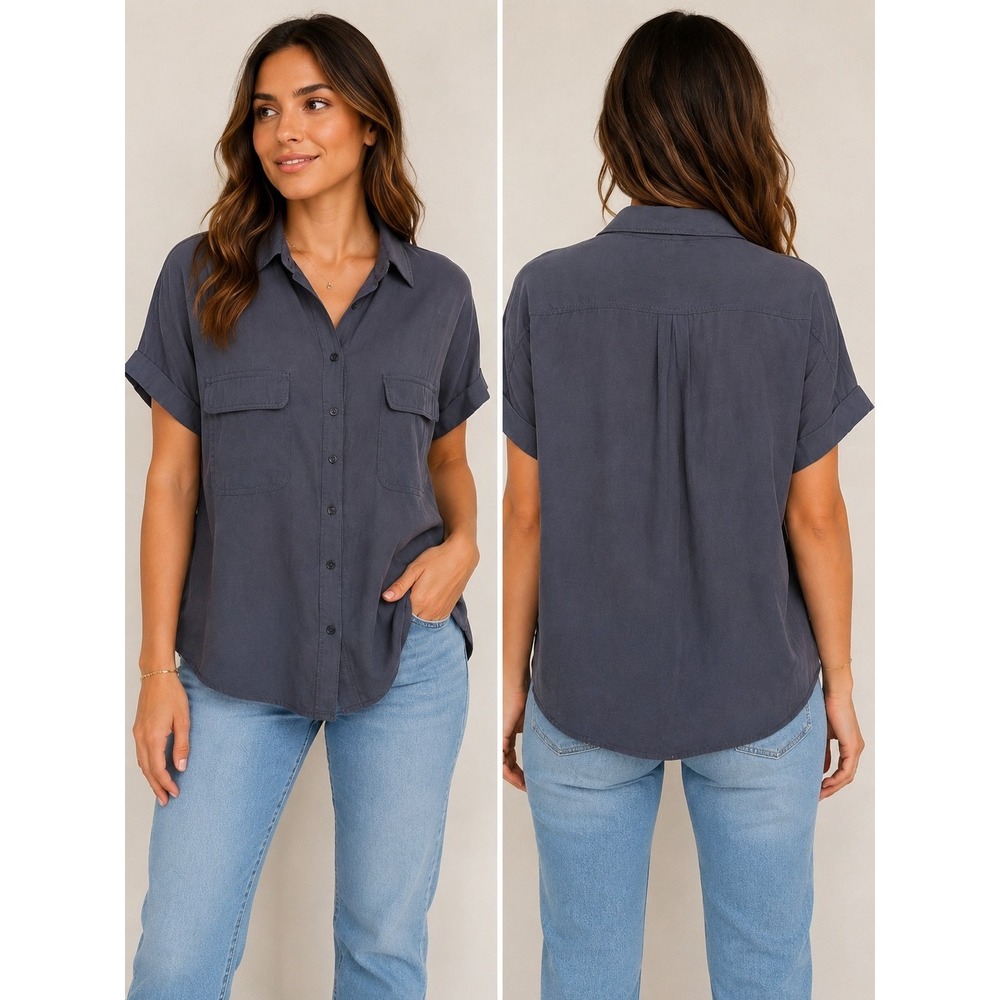 NWT Max Studio Women's Button Front Utility Blouse Gray Large Short Sleeve